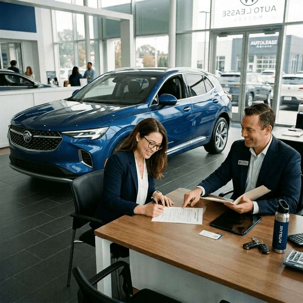 Woman signing a car lease agreement at dealership desk with salesperson
