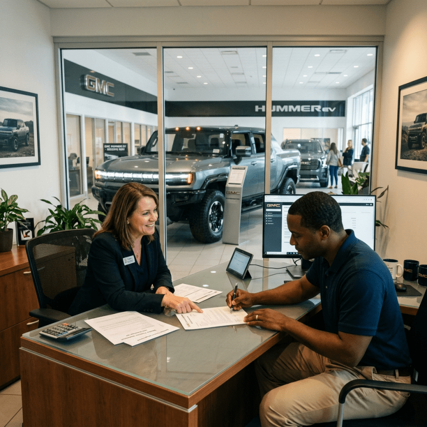 Salesperson helping customer sign documents at GMC dealership desk