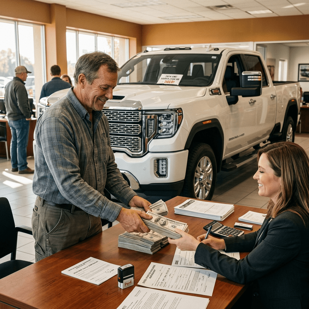 Man paying cash to a female sales associate at a truck dealership