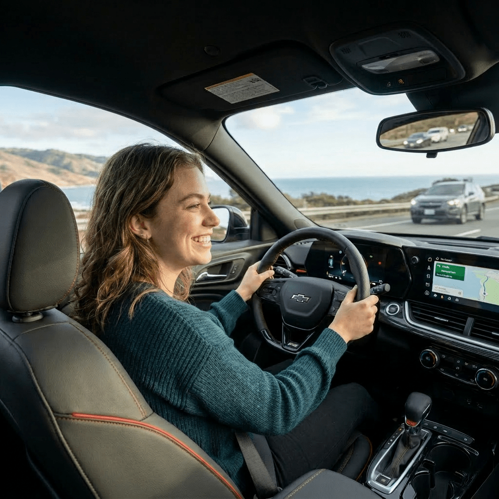 Smiling woman driving car with navigation display on dashboard.